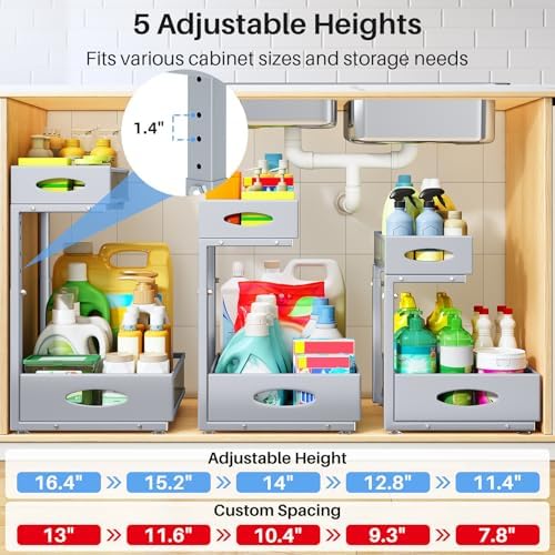 Under Sink Organizer, 2 Pack 2 Tier Pull Out Under Cabinet Organizer Shelf with Pad for Framed Cabinets, Metal Slide Out Under Sink Storage, Mesh Sliding Drawers for Kitchen Bathroom Laundry, Grey - Image 5