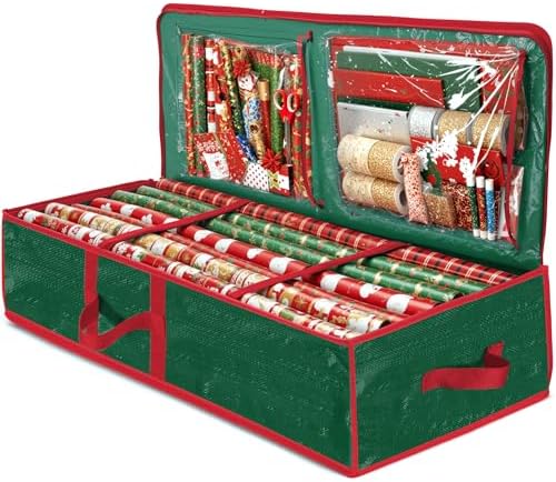 ZOBER Gift Wrapping Paper Organizer Storage - 40" Gift Wrap Storage Containers with Interior Pockets for Bows, Tags & Ribbons - Wrapping Paper Holder, Waterproof, Fits 24 Standard Rolls, Green by ZOBER