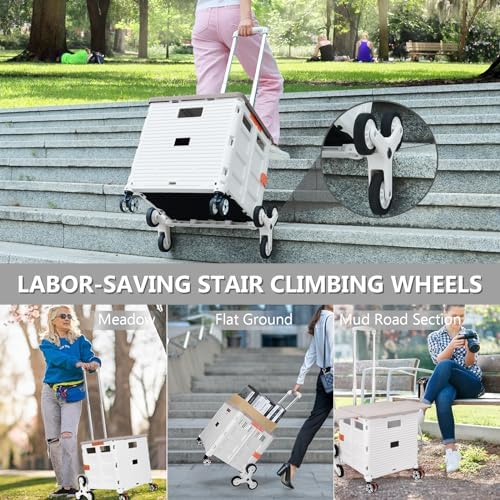 Foldable Utility Cart with Stair Climbing Wheels,Collapsible Rolling Crate with Magnetic Lid Telescopic Cover,Telescoping Handle,360° Rotate Wheel Hand Cart for Teacher Shopping Moving(Milky White) - Image 6