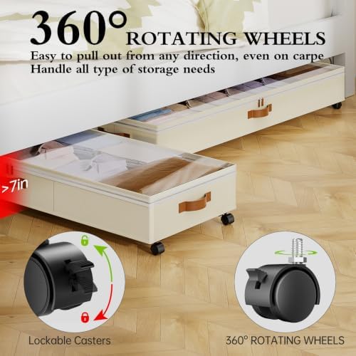 Yecaye 85 L Under Bed Storage with Wheels, 2 Pack Under Bed Storage Containers with Adjustable Dividers & Lids, Large Rolling Underbed Organizer Bins Drawers for Clothes, Shoes, Blankets Toys, Beige - Image 4