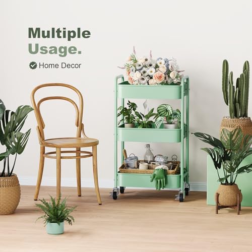 3 Tier Rolling Storage Cart Metal with Wheels,Sage Green Diaper Caddy Carts - Image 4
