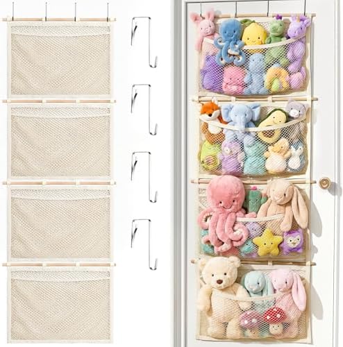 Over Door Large-Capacity Stuffed Animal Storage with Metal Hook & Wooden Stick, Hanging Plush Animal Bear Doll Toy Organizer Net Hammock Behind Door, Boho Nursery Dorm Bedroom Decor for Girl Boy Kid by POIKSHARK