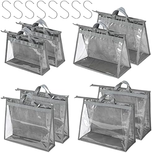 Handbag Dust Bags Clear Purse Storage Organizer for Closet Small to Extra Large Handbags Dust Free Bags Hanging Zipper Storage Bag with Hooks, ( Grey, 4 Sizes-8PCS) by CINPIUK