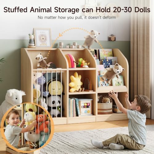 ONBRILL Toy Organizer with Bookshelf & Stuffed Animal Storage, Maple Wood - Image 3