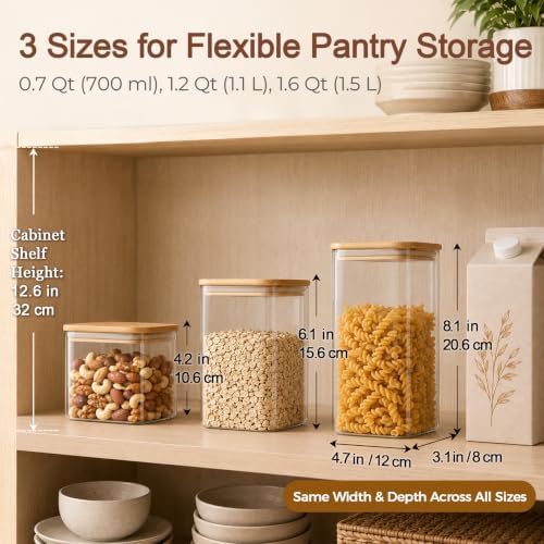 ComSaf Glass Pantry Storage Containers (0.7qt/1.2qt/1.6qt) Set of 6 Jars - Image 3