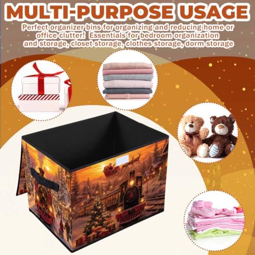 Briwooody Christmas Storage Bin with Lid and Carrying Handle Christmas Train Foldable Storage Box Large Xmas Snowy Night Decorative Collapsible Container Basket for Organizing Closet Home Bedroom - Image 2
