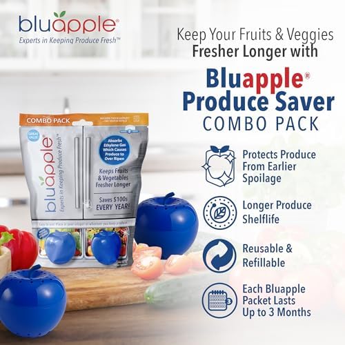 Bluapple Produce Saver Ethylene Gas Absorber - Fresh Fruit & Vegetable Storage for Refrigerator, Each Packet Lasts 3 Months, Produce Storage, BPA Free - Combo Pack (8 Packets & 2 Bluapples for 1 Year) - Image 2