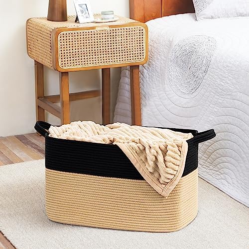 Goodpick Large Woven Blanket Basket, Rectangle, Black & Camel - Image 5