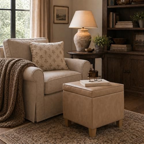 HomePop 18" Square Tufted Storage Ottoman - Sand Faux Leather - Image 2