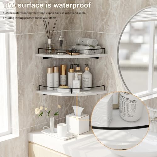 Corner Floating Shelves, Rustic Brown Wood, Set of 2, Wall Mount Storage with Guardrail for Bathroom Kitchen Living Room (White) - Image 5