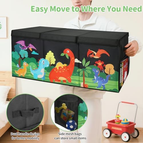 Extra Large Kids Toy Box, Foldable Toy Organizer with Dividers & Lids, 148L Dinosaur Storage Bin for Toddlers Boys Girls, Collapsible Chest for Toys, Books, Bedroom, Playroom, Nursery Black - Image 5
