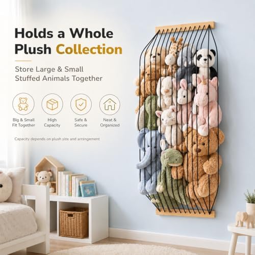 Stuffed Animal Storage Wood Soft Toy Organizer for Kids Room，Cute and Durable Wall or Door Mount Length Adjustable Hanging Stuffed Animal Toy Organizer Shelf for Nursery Play Room Black -Patent - Image 5