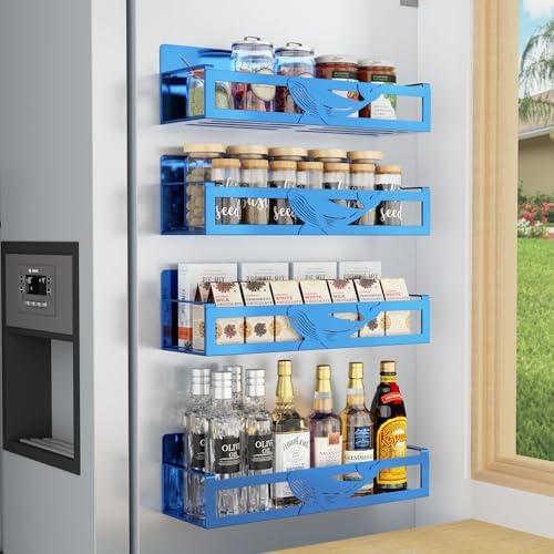 Magnetic Spice Rack for Refrigerator, 4 Pack Metal Magnetic Shelf Organizer for Fridge Side, Strong Spice Storage Rack for Kitchen, Dark Blue by AURIKAR