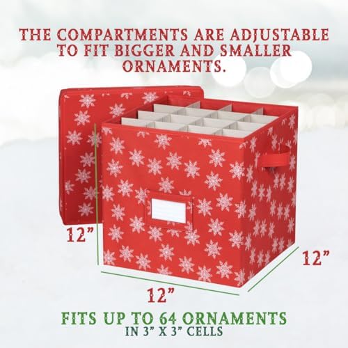 HOLDN’ STORAGE Christmas Ornament Storage Box with Lid - Christmas Decor Storage Containers that Store up to 64 Holiday Ornaments - Red/White Snowflakes - Image 6