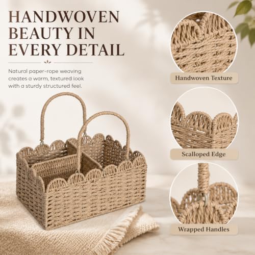 Large Wicker Diaper Caddy Organizer, Scalloped Nursery Basket for Changing Table, Woven Rope Baby Holder with Removable Divider, Portable Organizer for Diapers Wipes Clothes Toys & Essentials (Khaki) - Image 6