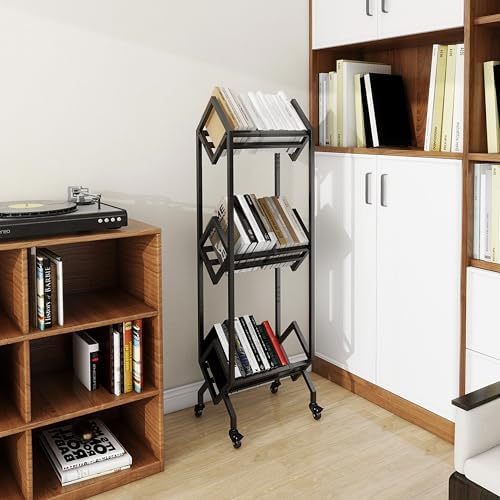VENNQD Bookshelf Book Cart Rack Industrial Metal Bookcase 3 Tier Holder with Wheels Modern Stylish Design Magazines Files Album Recipe Book Storage Organizer for Sofa End Bed Beside (3 Tier) - Image 6