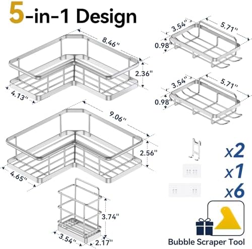 YASONIC Corner Shower Caddy Adhesive, 100% Rustproof Shower Organizer with Soap and Troothbrush Holder, No Drill Shower Shelf for Inside Shower, Wall-Mounted Shower Storage for Homes (5 Pack, Silver) - Image 2