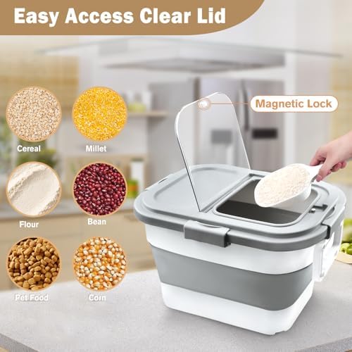 Komzon Rice Storage Container 10-40 lb, 25 lb Pet Dog Food Storage Container, Collapsible Airtight Rice Container,Rice Dispenser Bin with Cup and Scoop for Flour Cereal Pasta Grain, Cat Bird Food - Image 5