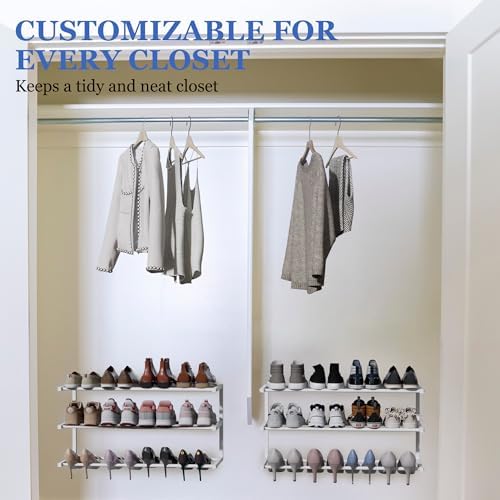 Wall Mounted Shoe Rack, 3 Tier Hanging Shoe Rack Holds 12 Pairs, 17"-30" Adjustable Heavy Duty Metal Shoe Organizer Holder with 2 Storage Hooks, Space Saving for Closet Entryway Doorway（White - Image 5