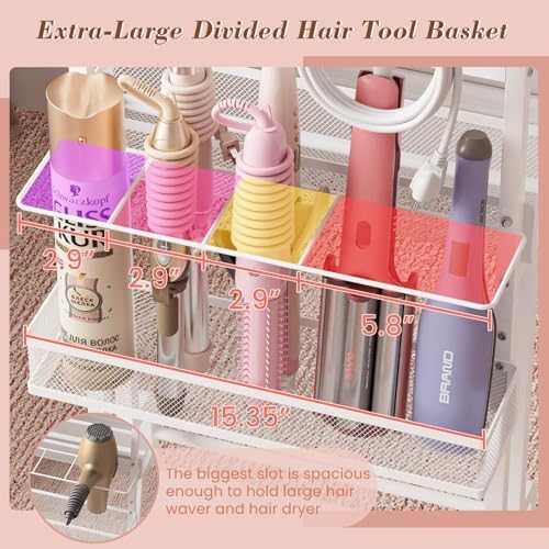 Hair Tool Organizer Cart with Hair Dryer Holder, Narrow Bathroom Storage Cart for Curling Flat Iron & Hot Tools, Slim Hair Appliance Organizer for Vanity Styling Tools, Salon Cart with Tray on Wheels - Image 5