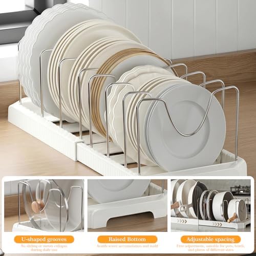 1 Pack Expandable Pots and Pans Organizer Under Cabinet, 13-22" Kitchen Cabinet Organizer with 10 Adjustable Dividers and 10Pcs Pot Protectors for Lids, Baking Sheets & Cookware (1, White) - Image 5
