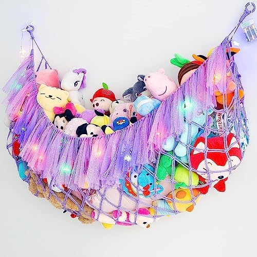 Large Stuffed Animal Net or Hammock with Led and Mesh Ribbon Wall Hanging Toy Net for Stuffed Animals Creative Stuff Animal Storage Ideas Macrame Toy Hammock Stuffed Animal Hammock-Purple - Image 4