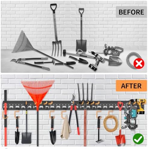 Garden Tool Organizer Wall Mount - Garage Storage and Organization Yard Tool Hanger with Adjustable Pegboard Hooks Shed Rack for Broom Mop Shovel Rake Trimmers, 64 inch Max 750lbs, Black - Image 2