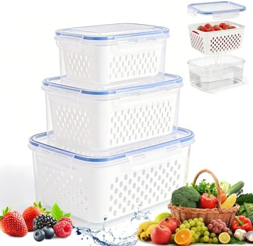 4 in 1 Food Storage Container,Fruit Storage Containers for Fridge,Produce Storage Containers with Lid and Strainer,Including Drain Basket,Keep Berry Fruit Fresh Longer(3PC-White) by Unknown