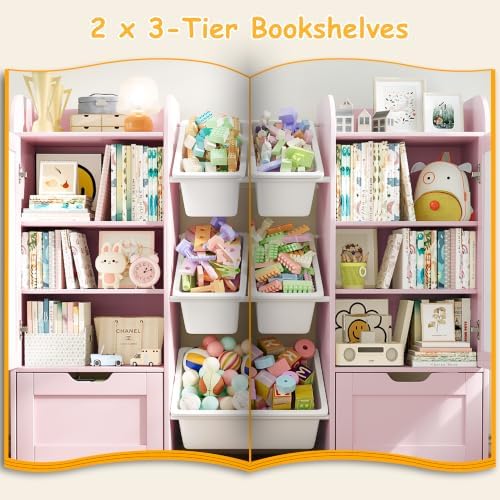 66" W Kids Bookshelf with Storage, 5-in-1 Toy Storage Organizer, Wooden - Image 5