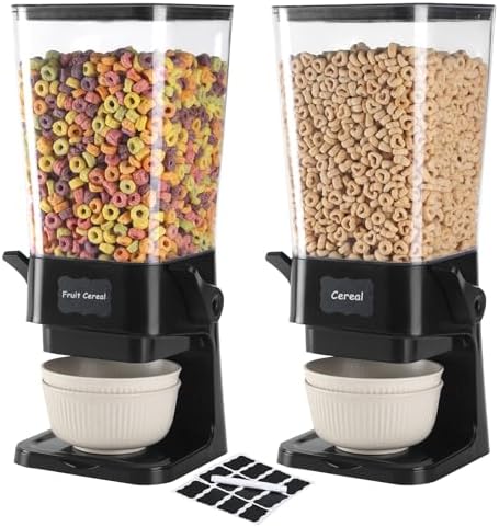 Cereal Dispenser Countertop with Cereal Bowls,16 Labels & Pen, Cereal Containers Storage, Candy Dispenser, Dry Food Dispenser For Pantry - Not Easy to Crush Food (Black, 2 Pack) by Unknown