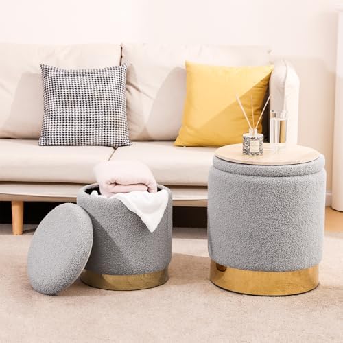 Round Ottoman with Storage Set of 2 Gray Teddy Vanity Stool - Image 4