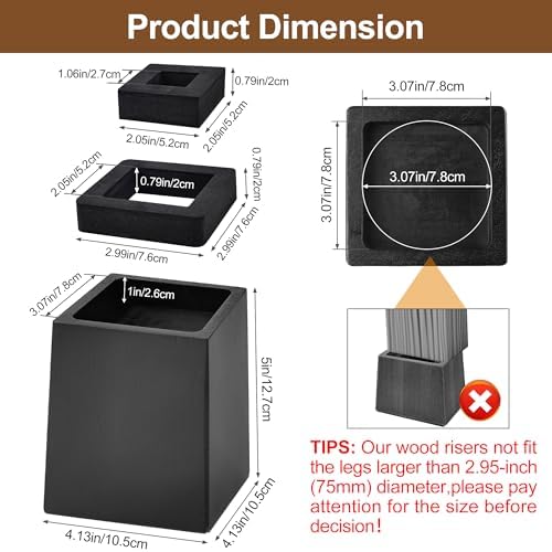 Wooden Bed Risers 5 Inch Heavy Duty, Support 2500 lbs, Black - Image 3