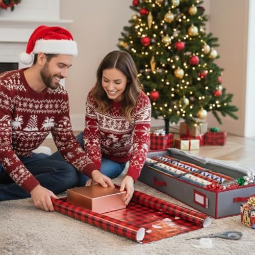 HOLDN’ STORAGE Premium Wrapping Paper Storage Container, Grey/Red Trim - Image 2