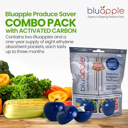 Bluapple Produce Saver Ethylene Gas Absorber 1 Year Combo Pack with Activated Carbon - 2 Bluapples + 8 Packets (13 grams each) Vegetable & Fruit Freshness Extender, Produce Storage, BPA-Free, USA-Made - Image 2