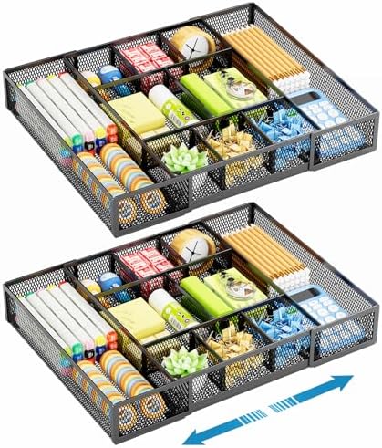Marbrasse Expandable Desk Drawer Organizer, Mesh Drawer Organizer Tray with 10 Adjustable Compartments, Desk Organizers and Accessories for Office Supplies, Makeup & Vanity (Expandable Black-2 pack) by Marbrasse