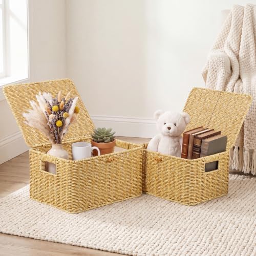 Nonam Wicker Storage Basket With lid,Stackable Plastic Bin (Natural,S+M+L) - Image 6