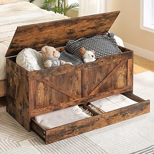 HOOBRO Storage Chest, 39.3" Toy Chest with Drawer, Wooden Storage Bench, Sturdy Entryway Bench Supports 330 lb, Shoe Bench, Safety Hinge, U-Shaped Opening, Easy Assembly, Rustic Brown FG710CW01G2 - Image 4