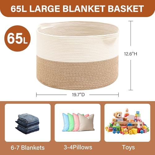 Foldable Laundry Hamper Basket with Collapsible Handle Cotton Rope Soft Woven Fabric Storage Organizer Clothes Toys Nursery Bedroom Dorm Space Saving Bin (White & Brown, 65L(19.7"D x 12.6"H)) - Image 6