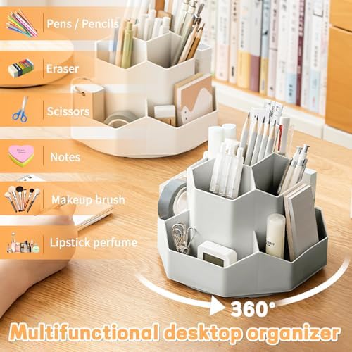 Cayxenful Pencil Pen Holder for Desk,9 Slots 360 Degree Rotating Desk Organizers,Desktop Storage Stationery Supplies Organizer, Cute Pencil Cup Pot For Office, School, Home(Grey) - Image 2
