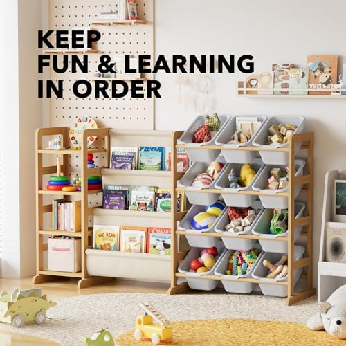 SpaceAid 3-in-1 Toy Storage Organizer with 4 Shelves and 12 Bins, Toy Organizers Storage 3-Tier Bookshelf, Kids Bin Shelf Box Bookcase for Bedroom Playroom Organization Room Decor, Neutral Gray - Image 5