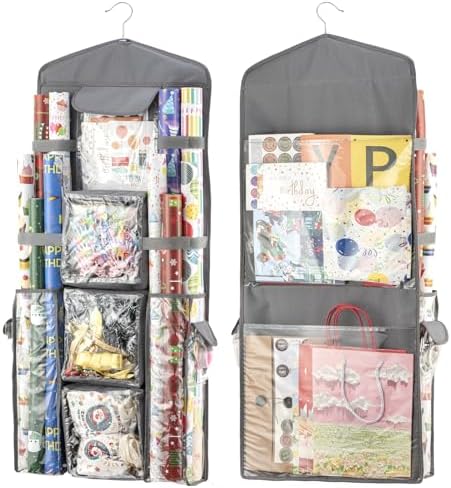 Christmas Wrapping Paper Organizer Storage, Hanging Gift Bag Storage Organizer, Double-Sided Wrapping Paper Holder Storage - Grey by EOLIMEX