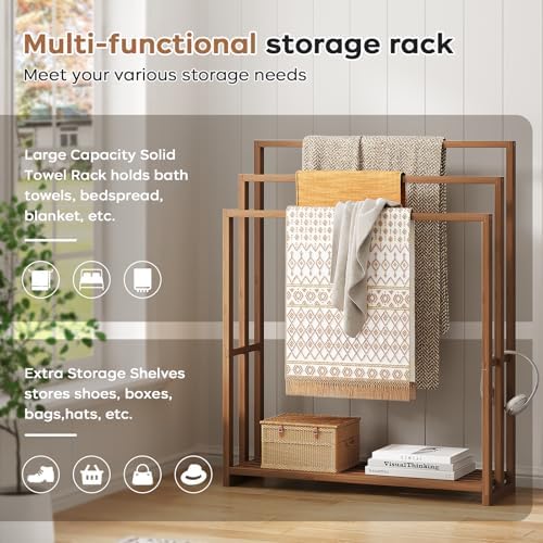 Standing Towel Rack for Bathroom, 39.4''H Bamboo Blanket Racks with Shelf - Image 4