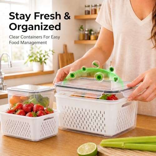 Fruit Storage Containers for Fridge with Lids, Fridge Organizers and Storage Produce Saver Box with Removable Drain Basket for Fruit Berry Salad Vegetable Meat, 380ml to 3150ml (4 Pack) - Image 5