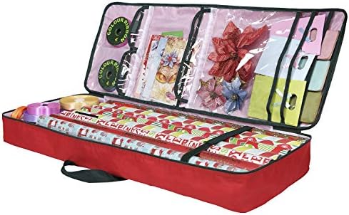 Christmas Wrapping Paper Storage Bag with Pockets | Gift Wrap Organizer Container | 37” x 14” x 4” | Underbed Durable Box Made of 600D Oxford Material (Red) by Primode