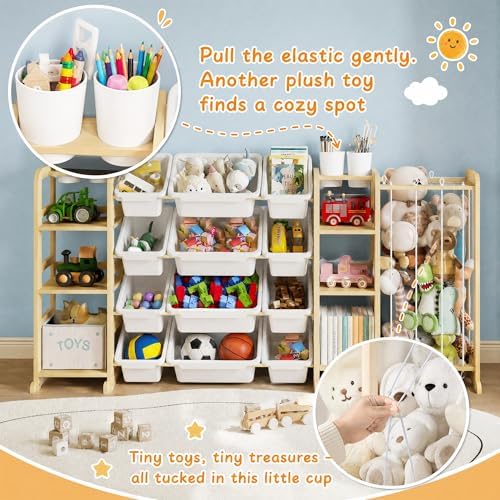 4-in-1 Toy Storage Organizer with 2 Bookshelf, 1 Stuffed Animal Storage and 12 Plastic Bins - Toys Organizer for Kids Room - Wooden Toy Rack for Playroom, Bedroom, Nursery Decor - Image 6