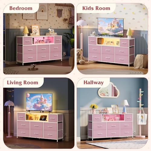 WLIVE LED Dresser TV Stand for 55 Inch TV, 8 Fabric Drawers, Pink Dresser - Image 3