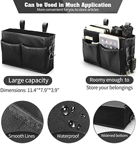 Bseash Bunk Bed Organizer, Bedside Caddy Hanging Bed Organizer Storage Bag with 4 Pockets and 2 Hooks, for College Dorm Rooms Bed, Hospital Bed, Baby Bed Rails, 600D Oxford Cloth (Black) - Image 3