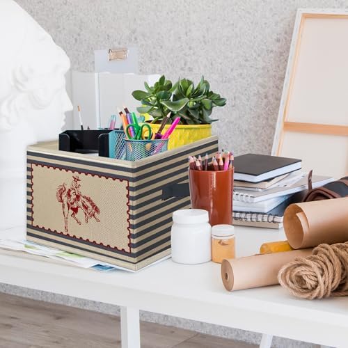 Western Cowboy Nursery Foldable Storage Bins Box with Handles, Retro Blue Striped Western Collapsible Toys Books Clothes Organizer Basket for Kids Boy Nursery Room Bedroom Bathroom Playroom - Image 3