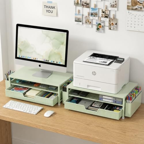 ECOLOVI Desk Organizer and Accessories, 2-Tier Computer Monitor Stand Rise with Storage Drawer & 2 Pen Holders, Laptop & Printer Stand for Desktop, Workspace Organizers for Office Supplies (Sage Green) - Image 6