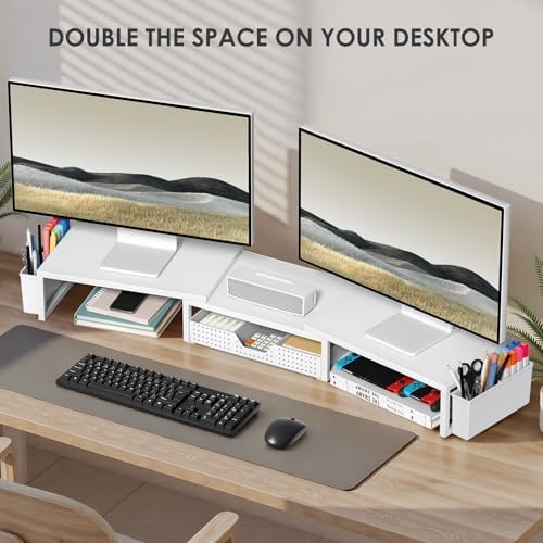 OPNICE Desk Organizers and Accessories, Dual Monitor Stand Riser with Drawer and 2 Pen Holders, Desk Shelf Computer Racks & Printer Stand for Office Workspace Organizers, Desktop Organization (White) - Image 4
